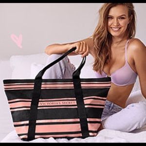 NWT Victoria's Secret Sparkle Tote Bag, Pink & Black Stripe